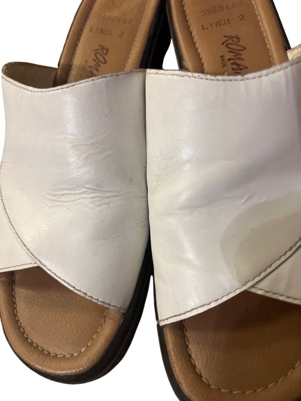 Vintage Romano White Leather Crossover Slide Sandals Block Heel Women's 7 Used - Picture 16 of 16